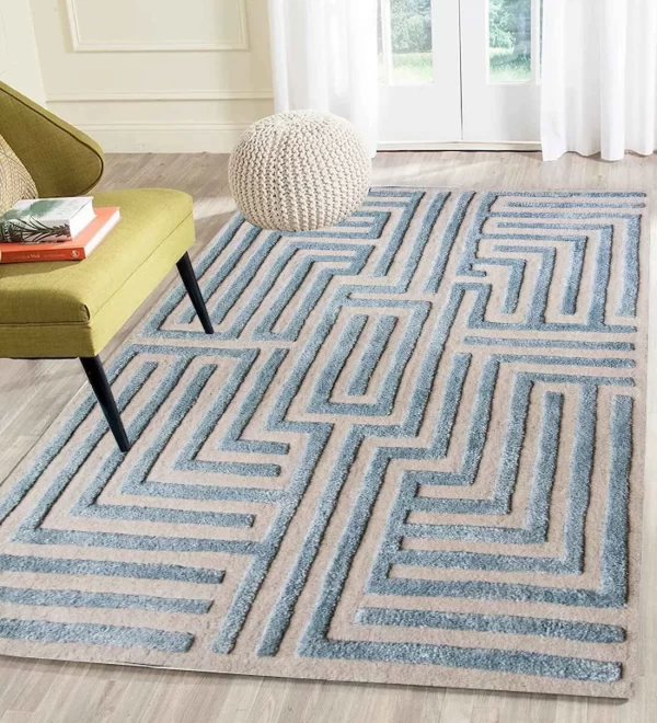 Teal/Beige Geometrical Wool Hand Tufted Carpet
