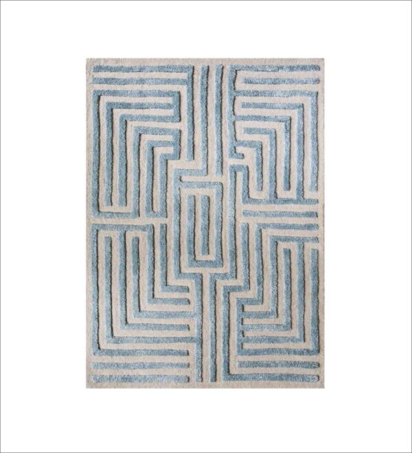 Teal/Beige Geometrical Wool Hand Tufted Carpet - Image 2