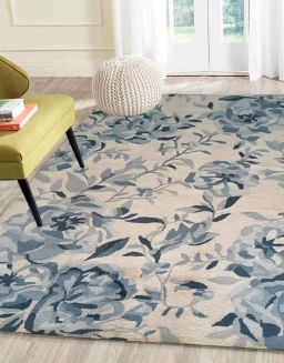 Beige Teal Floral Wool Hand Tufted Carpet