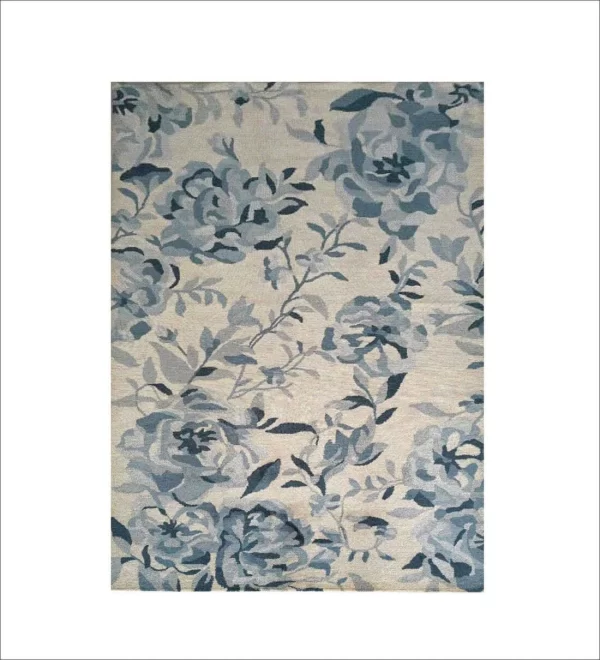 Beige Teal Floral Wool Hand Tufted Carpet - Image 2
