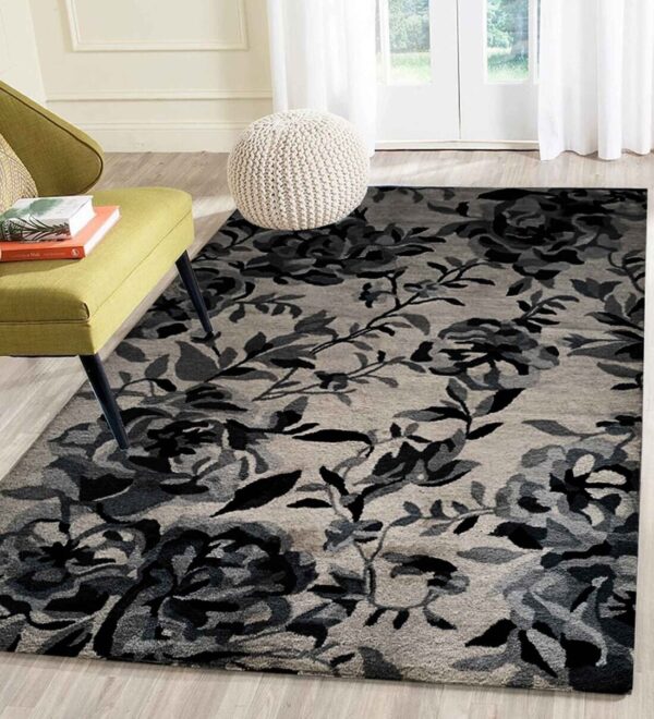 Cream Black Floral Wool Hand Tufted Carpet